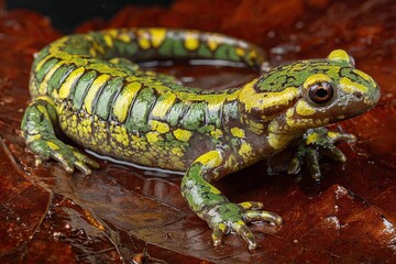 Vibrant Patterned Skin of a Poisonous Salamander on a Leafy Forest Floor