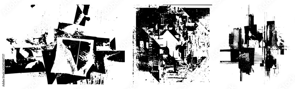 Obraz premium Gritty collection of abstract ink blots and distorted geometry. These expressive splatters, or ink splashes, feature heavy halftone textures and rough stencil edges for a raw aesthetic.