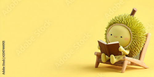 Cute fruit character made from durian, sitting on chair and reading book, exuding joyful vibe