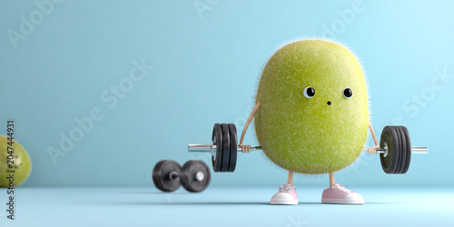 Cute fruit character lifting weights, showcasing fitness and fun. This whimsical kiwi figure embodies playful spirit