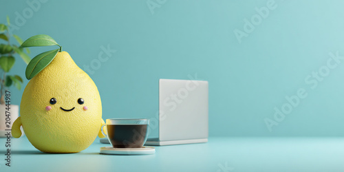 Cute lemon character with smile, sitting next to cup of coffee on desk, creating cheerful atmosphere