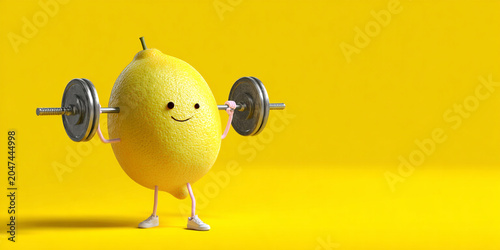 Cute lemon character lifting weights, showcasing fitness and fun. Bright yellow background adds cheerful vibe