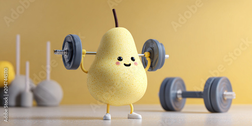 Cute pear character lifting weights, showcasing fitness and fun vibrant setting. This playful design inspires healthy living