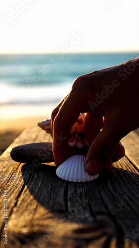 Hand holding seashell on wooden pier at sunset beach.