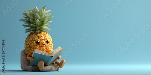 Cute pineapple character reading book, sitting on cozy chair, with cheerful expression, against light blue background