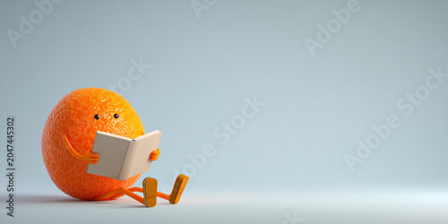 Cute orange character reading book, showcasing playful and imaginative design. This whimsical fruit figure brings joy