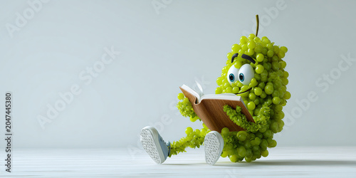 Cute fruit character made from grapes reading book, showcasing playful and imaginative scene