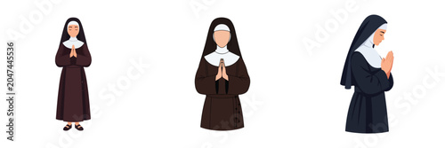 Photos A collection of diverse illustrated characters depicting Catholic nuns in variou