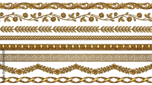 Set of golden decorative borders, vintage floral and geometric frames isolated on transparent background