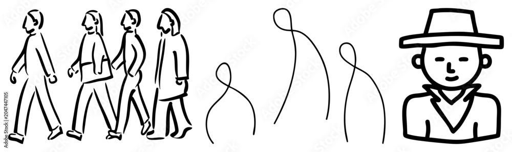Fototapeta premium Simple black drawings featuring a group of pedestrians and a single gentleman in a fedora. These stick figures and hat man sketches capture movement and character through basic strokes.
