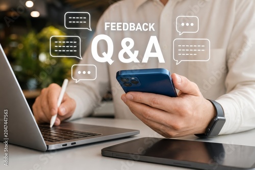 Person holds a phone and uses a stylus on a laptop, with 'feedback q&a' and chat icons floating above, signifying engagement.