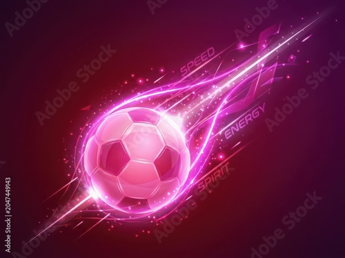Pink soccer ball with energy speed and spirit on a dark background