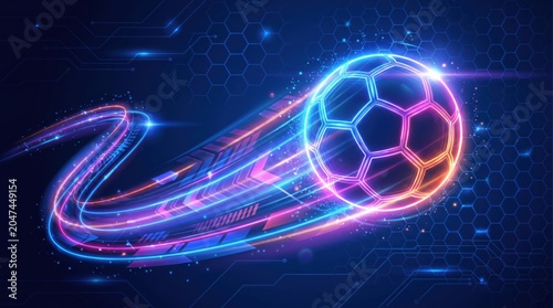 Neon soccer ball with glowing trails on dark blue background