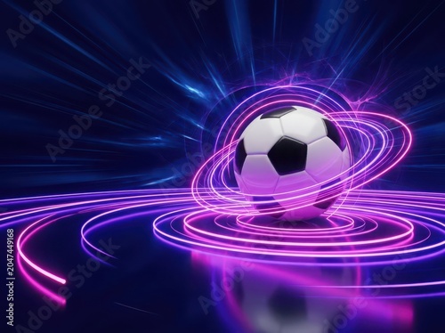 Soccer ball with neon purple rings on dark blue background