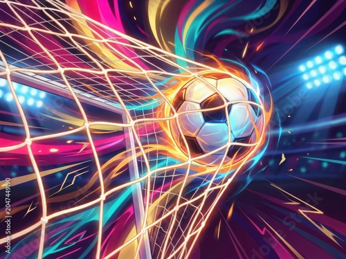 Vibrant soccer ball entering the goal net with colorful swirling lights