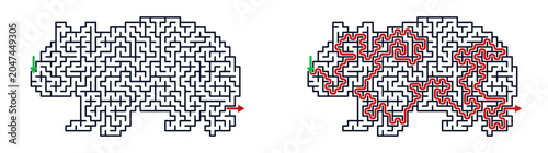Wombat maze puzzle with solution illustrated in black and red lines  