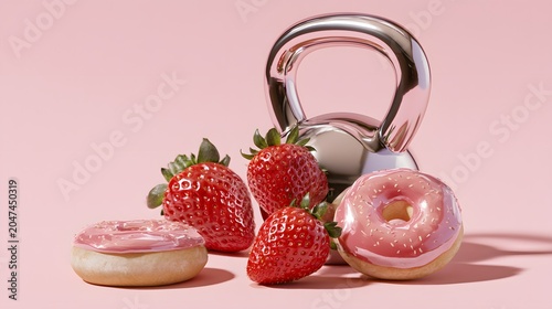 Sweet pink donuts and ripe strawberries next to metallic kettlebell