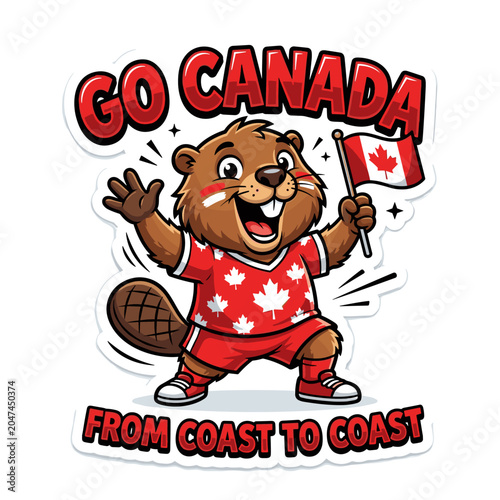 Cheering beaver with Canadian flag and 
