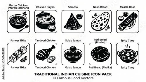 Indian Restaurant Food Icons Collection Flat Silhouette Vector Elements