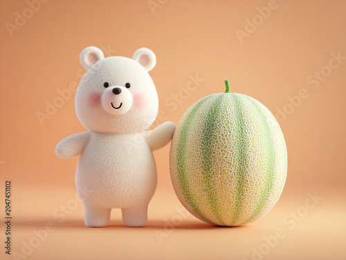 Cute bear standing beside melon, smiling joyfully, creating cheerful and playful atmosphere