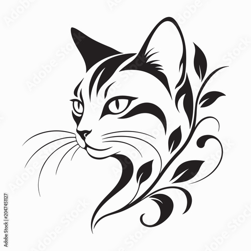Ornamental Cat Face with Botanical Leaves Vector Illustration