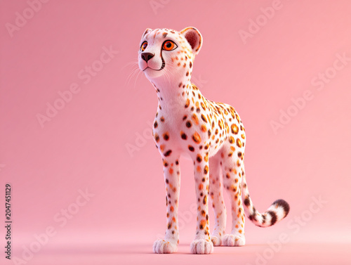 Cute cheetah standing beside bright pink background, showcasing its playful and friendly demeanor