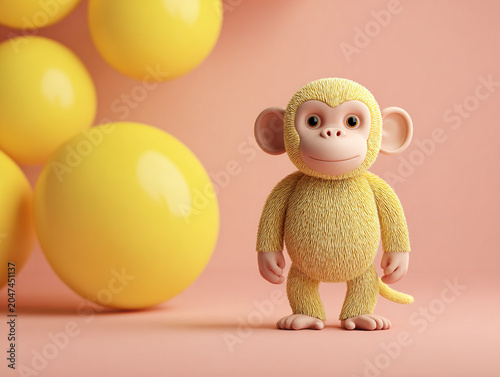 Cute cartoon monkey standing beside bright yellow spheres, showcasing playful and cheerful expression in vibrant setting