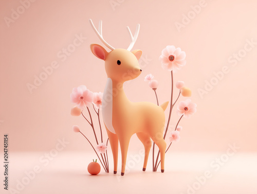 Cute deer standing beside soft pink flowers and small orange fruit, creating gentle and whimsical atmosphere
