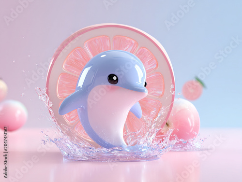 Cute dolphin toy splashing in water with colorful fruit slice backdrop, creating playful and vibrant atmosphere