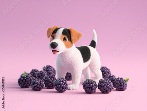 Cute dog standing beside blackberries, playful and friendly expression, surrounded by vibrant berries on soft pink background