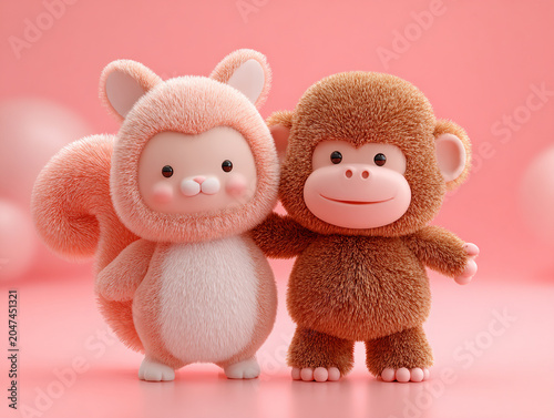 Cute squirrel and monkey characters stand together in playful pose against soft pink background, radiating joy and friendship
