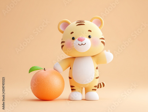 Cute tiger character standing beside orange fruit, showcasing cheerful expression and playful demeanor