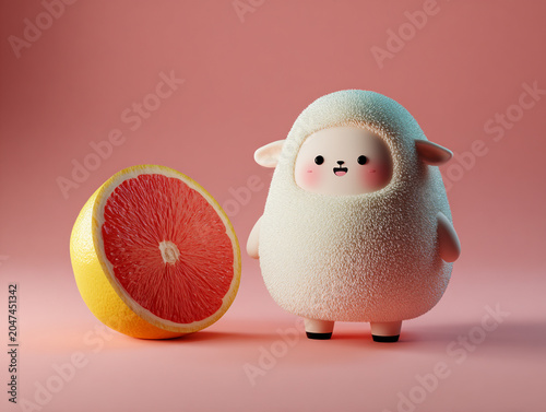 Cute sheep stands beside bright grapefruit, creating playful and cheerful scene. soft textures and vibrant colors evoke joy and whimsy