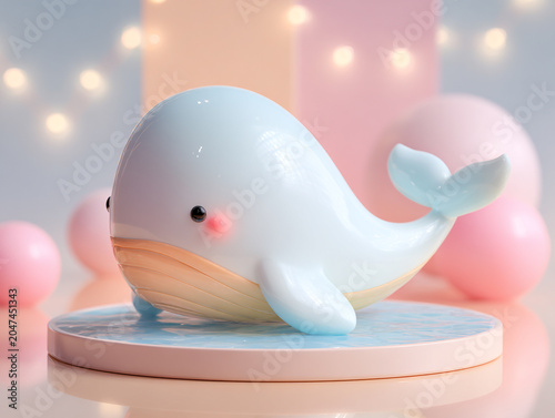 Cute whale figurine with soft pastel colors, placed circular base, surrounded by decorative spheres and soft lighting, creating whimsical