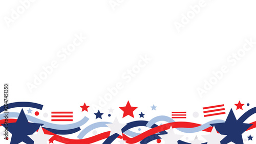 Patriotic american border background with red white and blue stars stripes and flowing ribbons