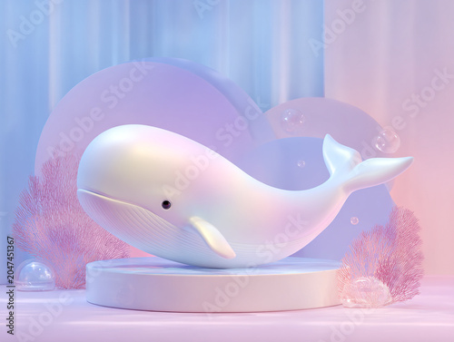 Cute whale sculpture in soft pastel colors, surrounded by abstract shapes and coral like structures, creates whimsical and serene atmosphere