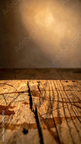 Rustic Scratched Wooden Table Surface Against Warm Blurred Wall Background