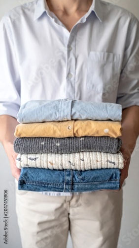 Person Holding Neatly Folded Casual Clothing Stack in Minimal Indoor Setting