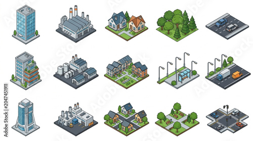 Isometric Cityscape and Urban Elements Illustration