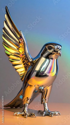 Shiny Metallic Falcon Figurine Standing with Raised Wing on Colorful Studio Background