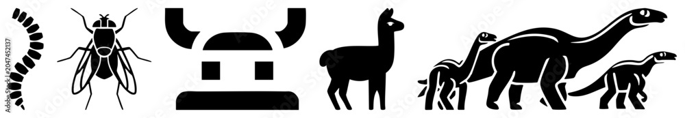 Fototapeta premium Diverse set of black glyphs featuring a housefly, a prehistoric sauropod, a mountain llama, and a creepy crawly worm. These minimalist shapes include an insect, a dinosaur, and a camelid.