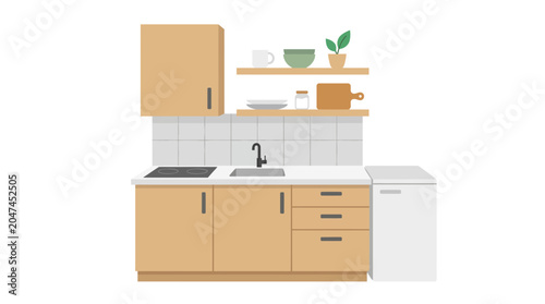 Vector illustration of a modern Scandinavian kitchen set with wooden cabinets and appliances