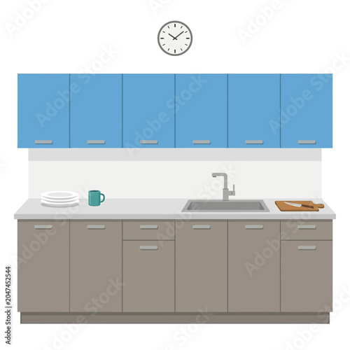 An illustration shows a modern kitchen set with sink, cabinets, and clock on wall.