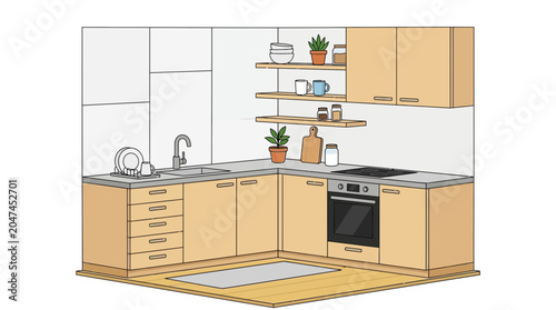 Vector illustration of a modern Scandinavian kitchen set with wooden cabinets and appliances