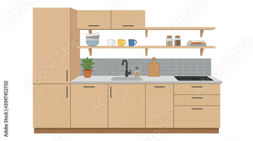 Vector illustration of a modern Scandinavian kitchen set with wooden cabinets and appliances