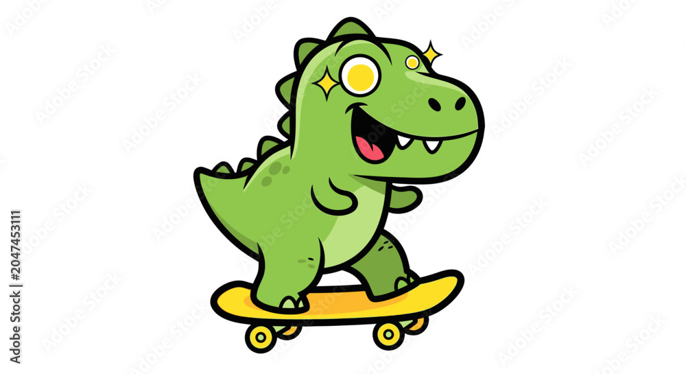 Fototapeta premium Cute cartoon green dinosaur with sparkly eyes riding a skateboard