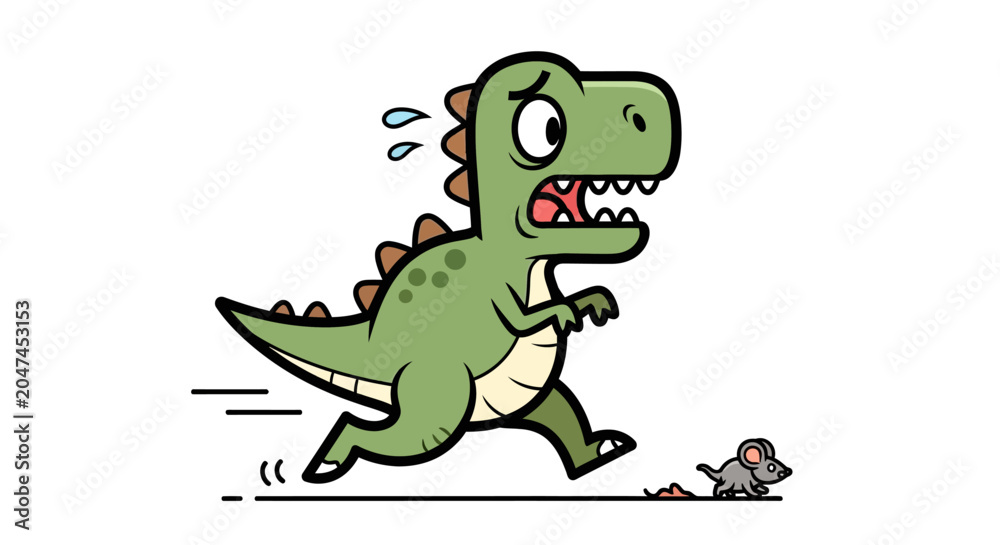 Obraz premium Cartoon dinosaur in full panic mode, sweating and fleeing in terror from a tiny mouse