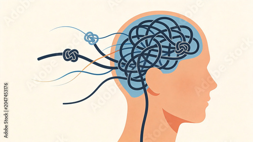 Conceptual mental health illustration of human head in profile filled with tangled knotted lines flowing out and becoming smooth, symbolic of anxiety overthinking and finding mental clarity with copy 