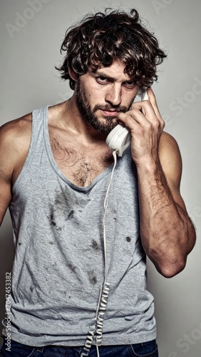 Serious Bearded Man Holding Corded Telephone Against Gray Studio Background