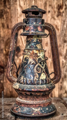 Rustic Weathered Kerosene Lantern Standing on Wooden Surface